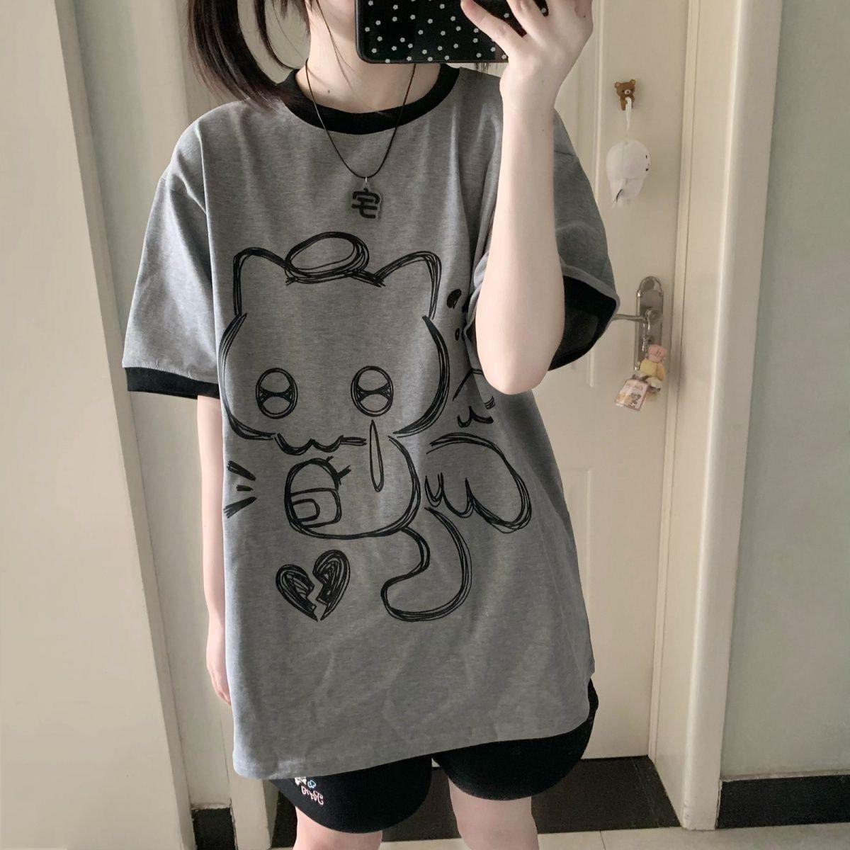 

Милые женские футболки с принтом кошки, летние футболки, японские каваий топы оверсайз для девочек, футболка Харадзюку с коротким рукавом и круглым вырезом XL серый