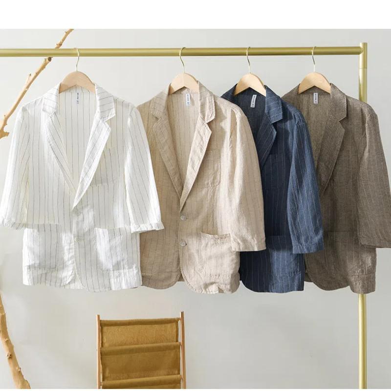 Summer Men's Suits&blazers Japanese Retro Style Stripes Cotton Linen Three Quarter Sleeve Blazer Jacket Slim Fit Casual Jacket