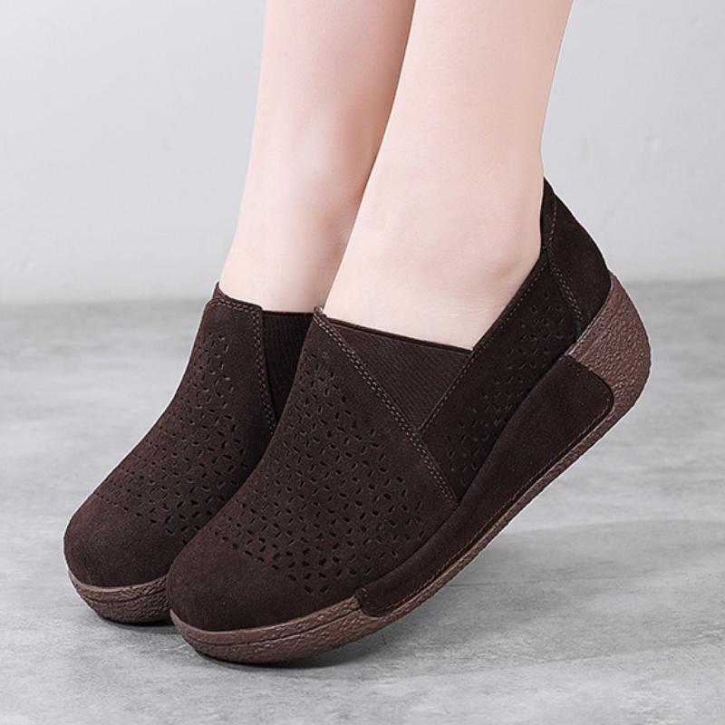 Hollowed-out Breathable Women Platform Shoes Genuine Leather Loafers Wedge Heels Elegant Ladies Walking Shoes
