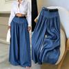 Kadın Fransız Vintage Geniş Bacak Pantolon - Yüksek Bel Akıcı Yer Boyu Pantolon, Draped Pileli, Bol Kesim Düz Renk Geniş Pantolon (Kemer Yok)