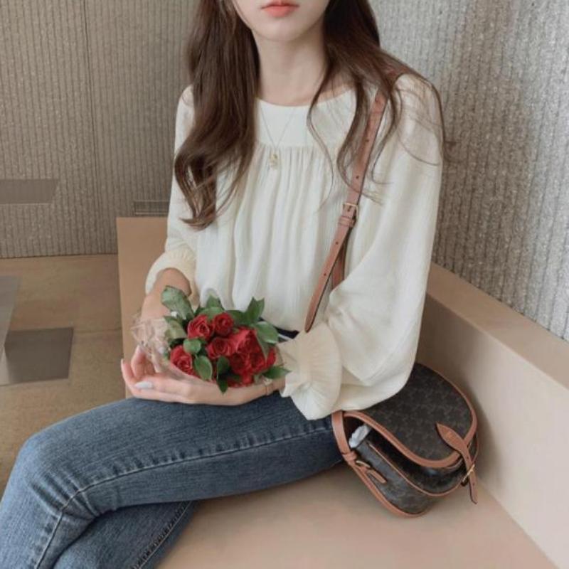 

Летняя корейская свободная рубашка с длинными рукавами и квадратным вырезом, однотонная женская шифоновая рубашка S абрикосовый