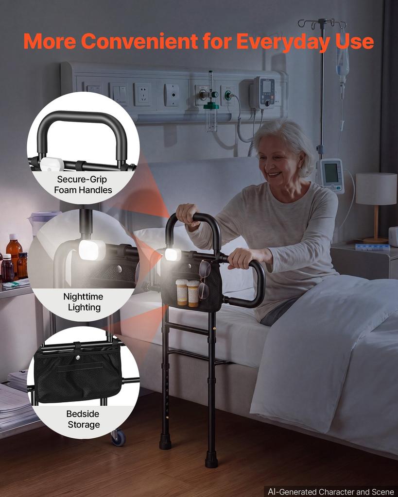 VEVOR Bed Rails for Elderly Adults Bed Side Assist Rail with Floor Support, Motion Sensor LED Light, 136kg Dual-Handle Support