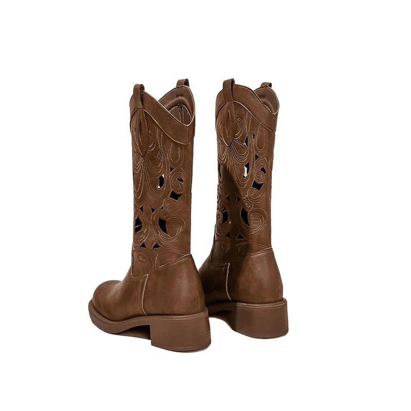 Cizme cowboy western retro brodate, cizme subțiri de vară goale, cizme de damă de vară respirabile de modă, cizme cavaler cu tub mediu