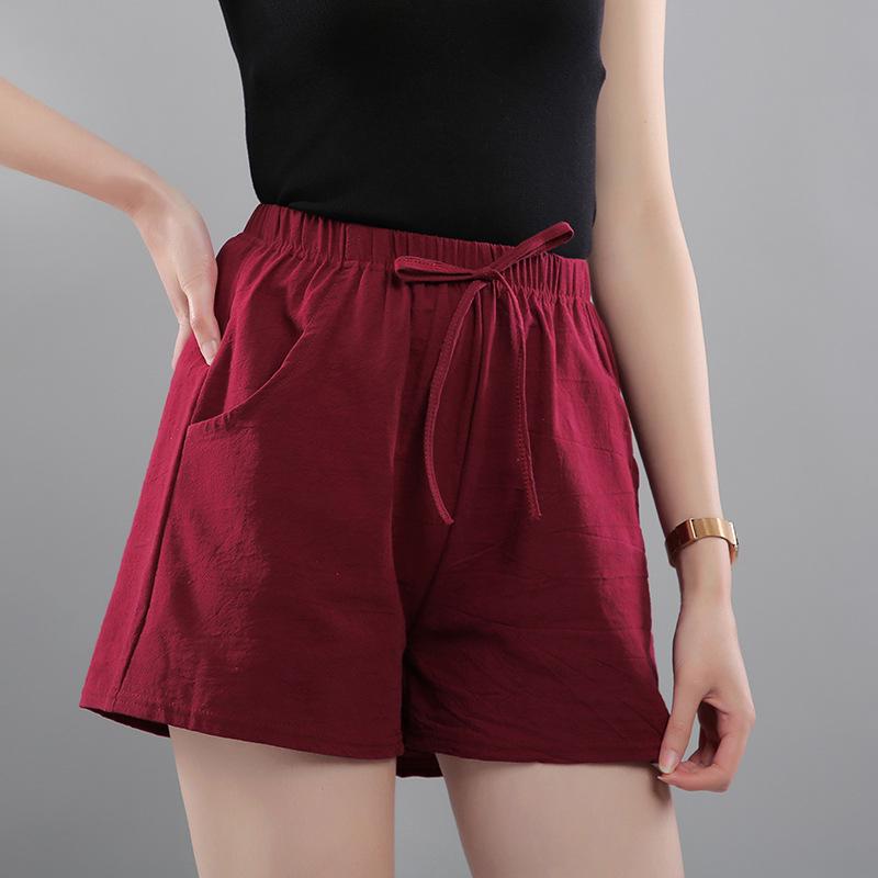 Washed Cotton Solid Color Women's Loose Wide-Leg Elastic Waist Casual Shorts