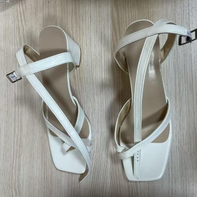 Women Sandals Square Toe Plus Size Leather Heels High Heel Lace Up Shoes