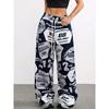 Pantaloni Larghi da Donna a Vita Media con Coulisse, Stampa Graffiti Hip Hop, Pantaloni Casual Larghi con Tasche Laterali