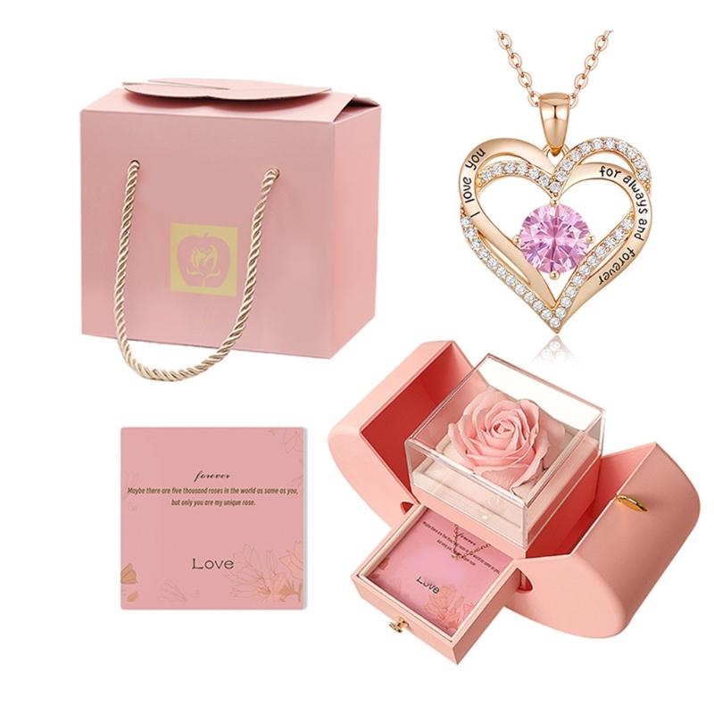 Preserved Flower Necklace Set In Box for Girlfriend Wife Anniversary Valentines Birhtday Gifts and Home Decoration