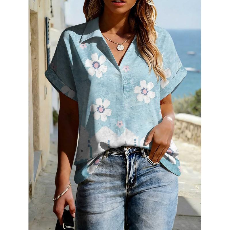 Floral Print Womens Loose Fit Short Sleeve V-Neck Top - Sleeveless Button-Free Casual Shirt Street Style