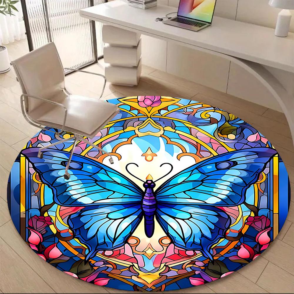 1pc Butterfly StainedGlass Office Round Area Rug, Under Office Chairs Bedroom Living Room Home Decor, Room Deco