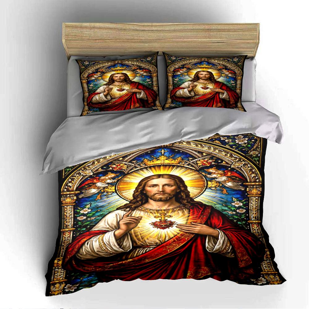 Set Biancheria da Letto Sacro Cuore di Gesù Set Biancheria da Letto con Arte Religiosa (1 copripiumino, 2 federe, piumino non incluso)