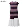 ZANZEA Women Casual Round Neck Summer Short Sleeve Stripe Patchwork Long Dress