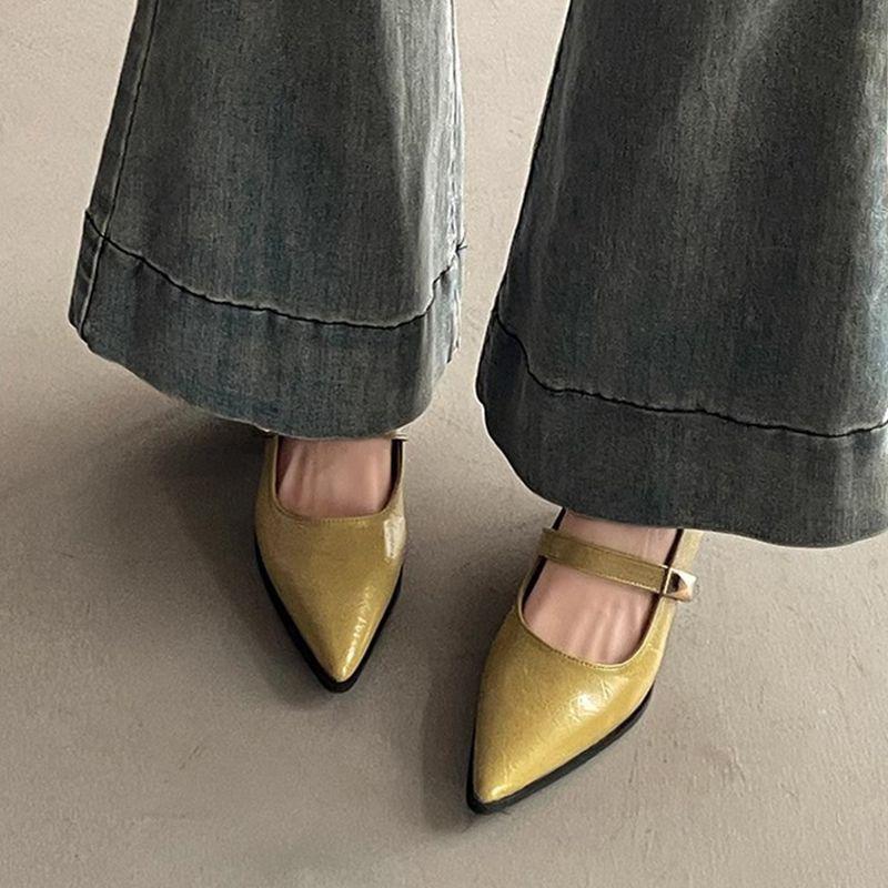 Temperament Mary Jane Single Shoes Women's Heightening Soft Leather Retro Shallow Mouth Pointed Head One-word Buckle Not Tired Feet High Heels