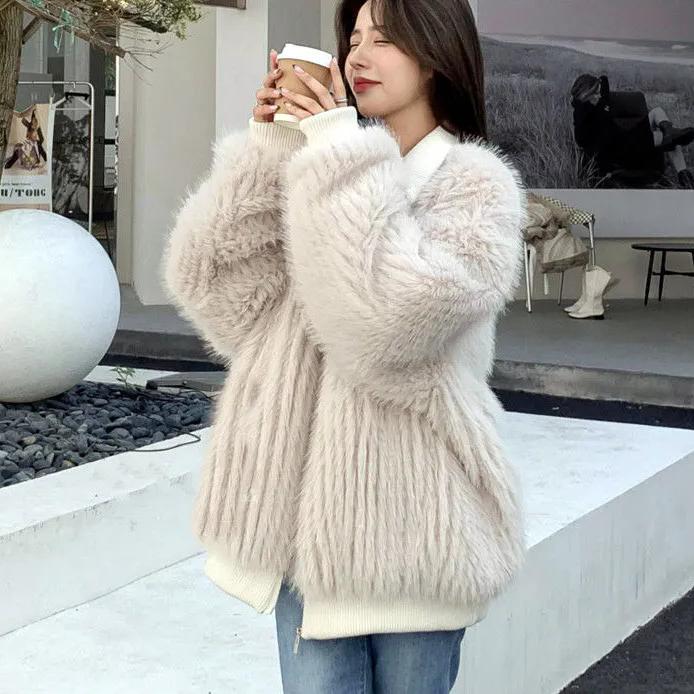 

Зимова жіноча куртка з хутра, коміром-стійкою та вертикальними смугами, плюшева, на блискавці, трендові жіночі пальта L абрикосовий