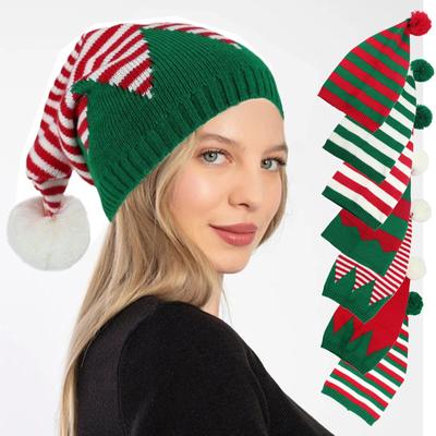 Pălărie de Crăciun tricotată pentru adulți, unisex, drăguță, verde, roșu, cu dungi, pentru petrecerea festivă de Anul Nou