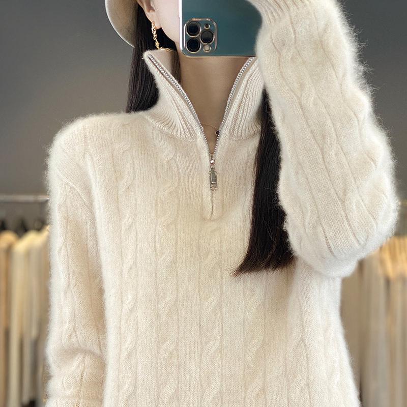 Women's Autumn/Winter High-Neck Wool Cable Knit Cashmere Sweater, Slimming Loose Fit, Soft Half-Zip Pullover