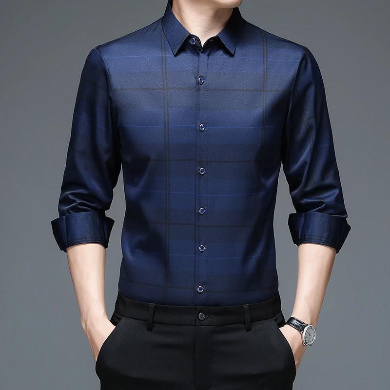 

New Men s Casual Printed Long Sleeved Lapel Shirt for Spring and Autumn Fashion Comfortable Wrinkle Free Top Without Ironing M темно-синий