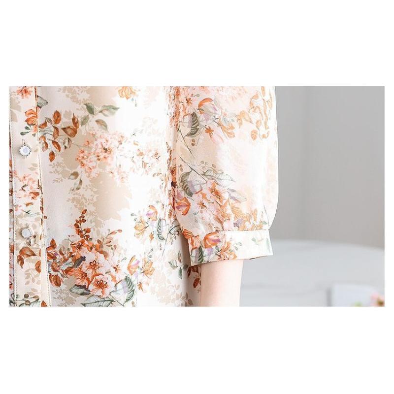 Vintage Flower Print Bow Shirt Women Clothing Summer Three Quarter Sleeve Tops Loose Sweet Blouse
