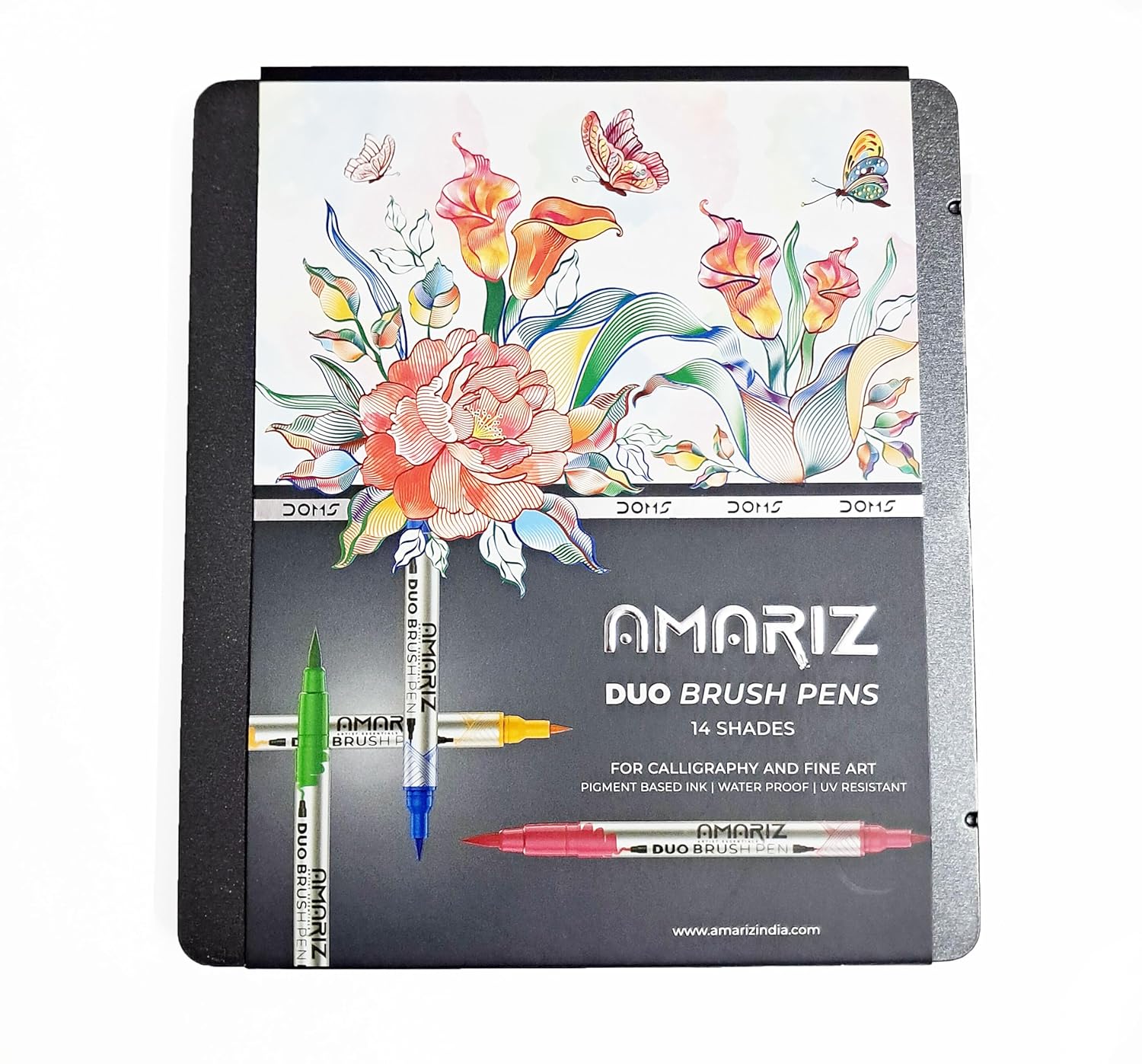 

DOMS Amariz Duo Brush Pens, 14 Shades Tin Box Set for Calligraphy, Fine Art, Illustration, Dual Tip Brush & Fine Pens