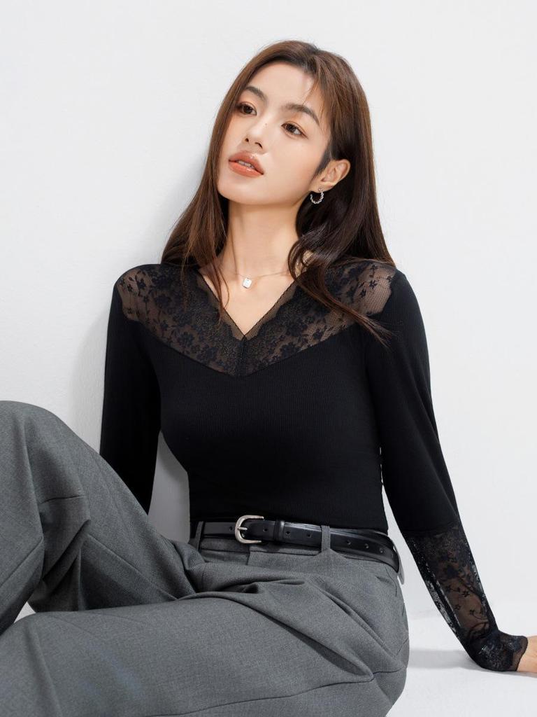 966 Sexy Lace Long Sleeve Mesh Top - Soft, Comfortable, and Skin-Friendly Women's Base Layer for Autumn/Winter.