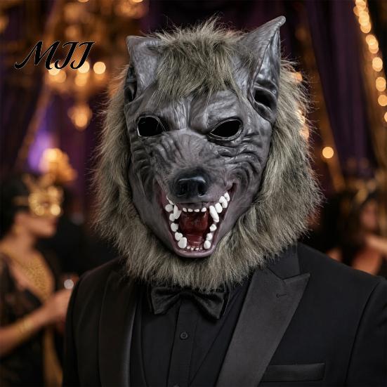 Strašidelná party pokrývka hlavy Halloweenská vlkodlačí maska na celou hlavu, Latexová vlkodlačí cosplay pokrývka hlavy s plně zakrývající maskou, Realistická srst, Rekvizita pro strašidelný dům,
