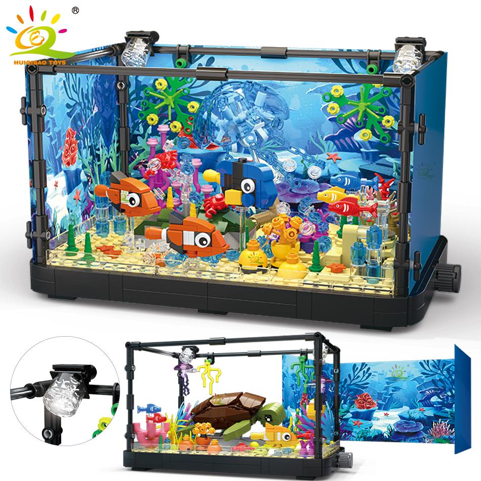 Non-Toxic Moc Fishbowl Aquarium Building Blocks Sea Turtle Fish Tank With Light Bricks City Construction Toys For Children Kids