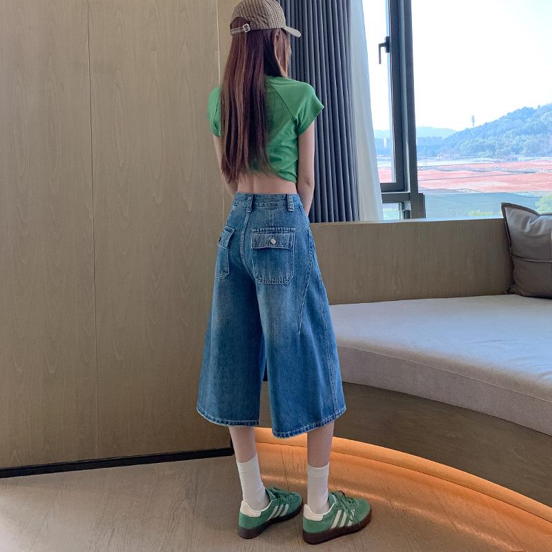 Women High Waist 6-Point Wide Leg Denim Shorts Summer Loose Baggy Capri Jeans Casual Relaxed Denim Culottes