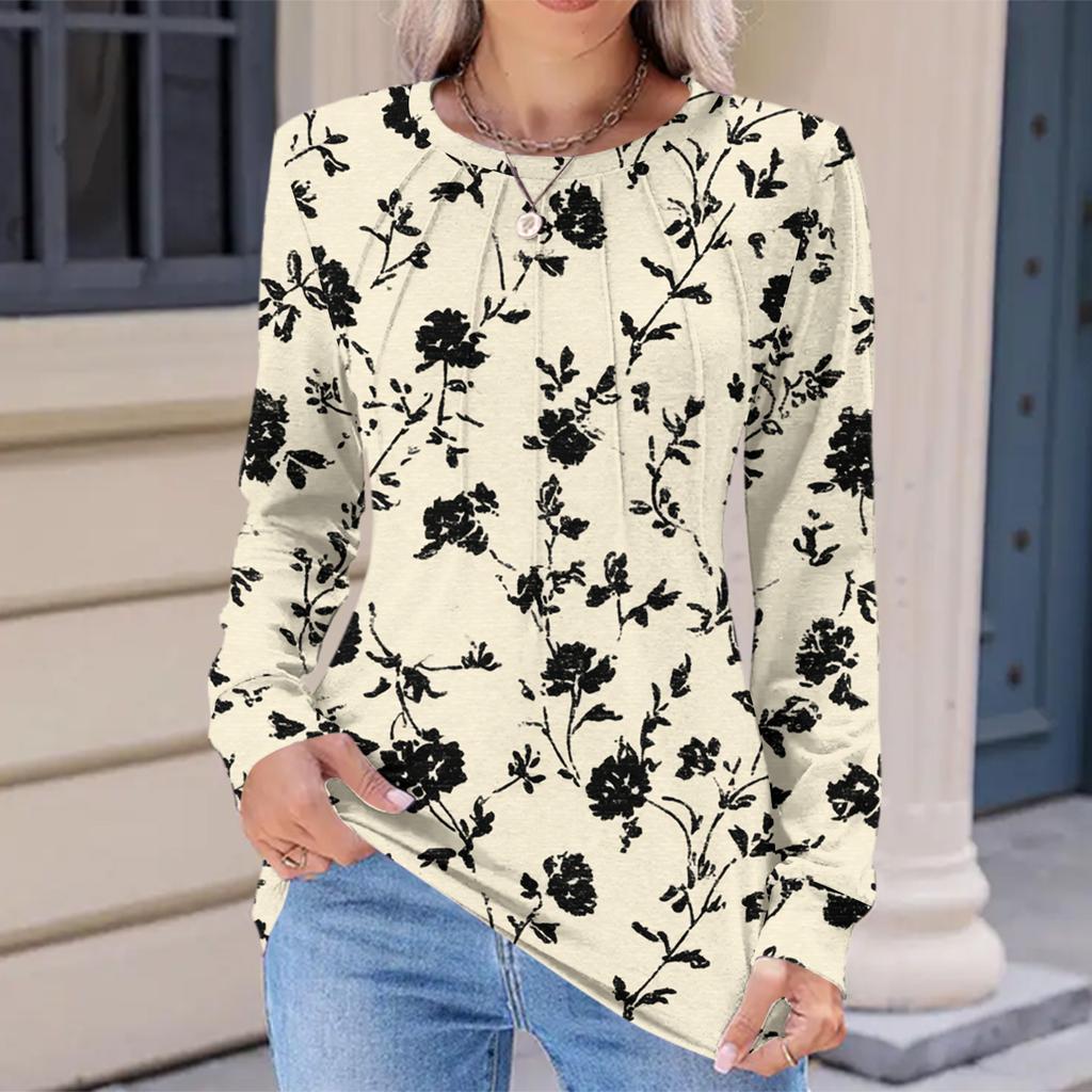 Women's Fashionable Casual Floral Retro Print Pleated Comfortable Round Neck Loose Long Sleeve T-shirt Top