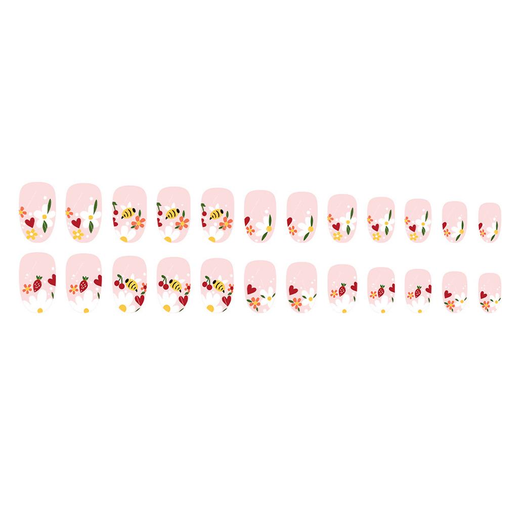 24 Pcs Sweet Flowers False Nail Bees Artificial Nail Glossy Full Cover Stick on Nail Short Oval Press On Nail