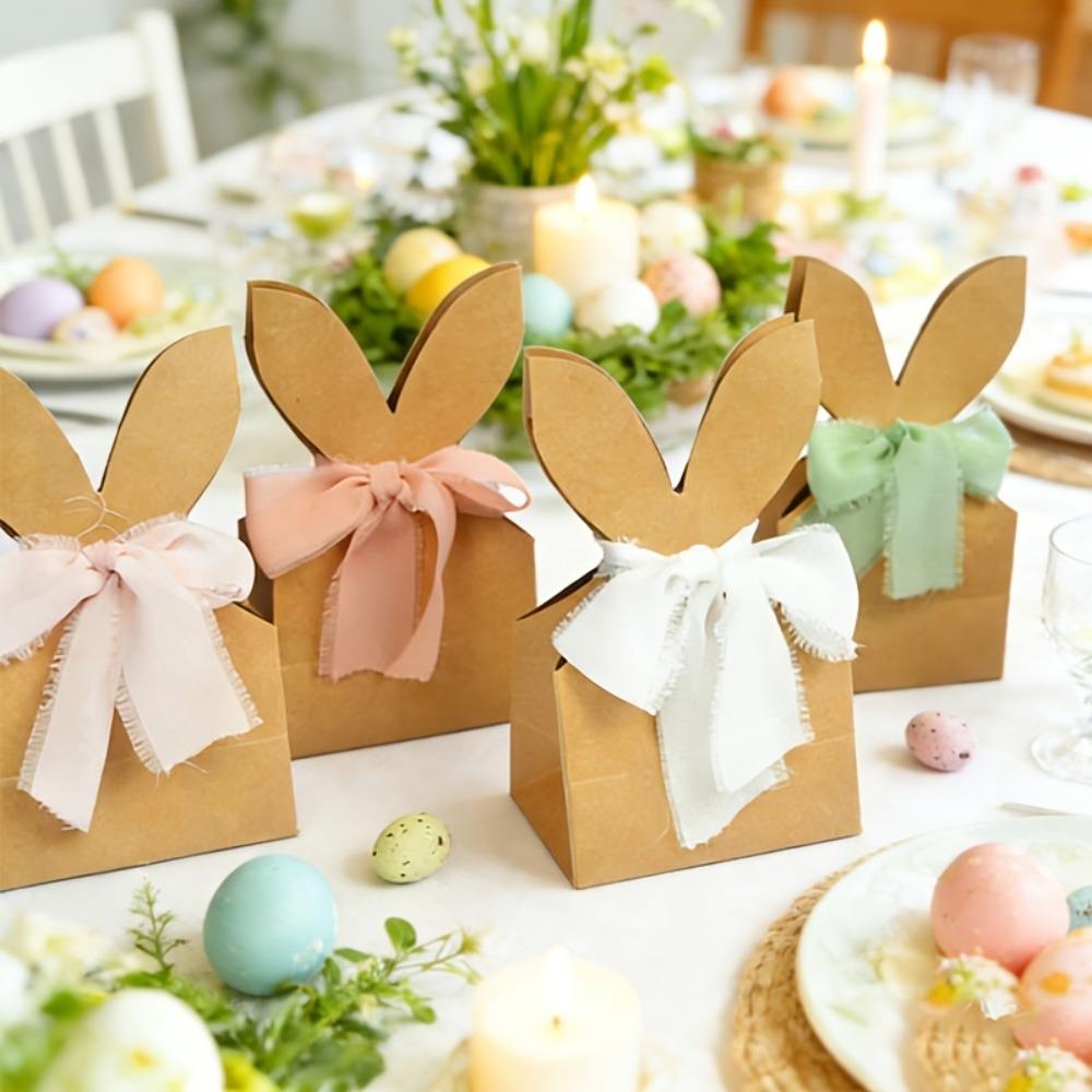 12PCS with Ribbon Bow Easter Rabbit Candy Gift Box Cartoon Bunny Gift Bag  Easter Decoration