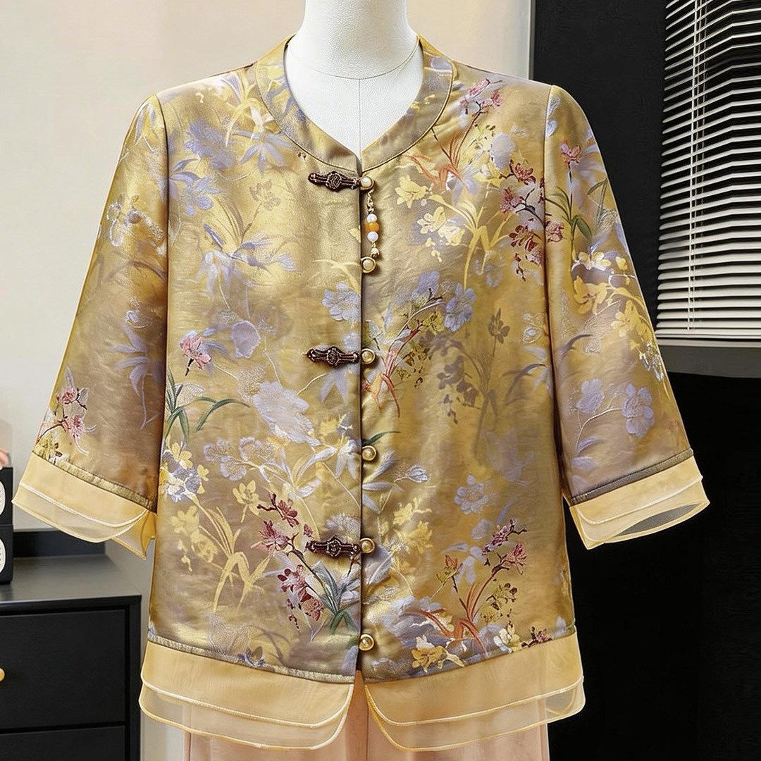 Mom s 2026 Stylish Chinese Summer Set: Chic Shirt for Middle-Aged & Elderly for Mother s Day L (under 105 Jin)