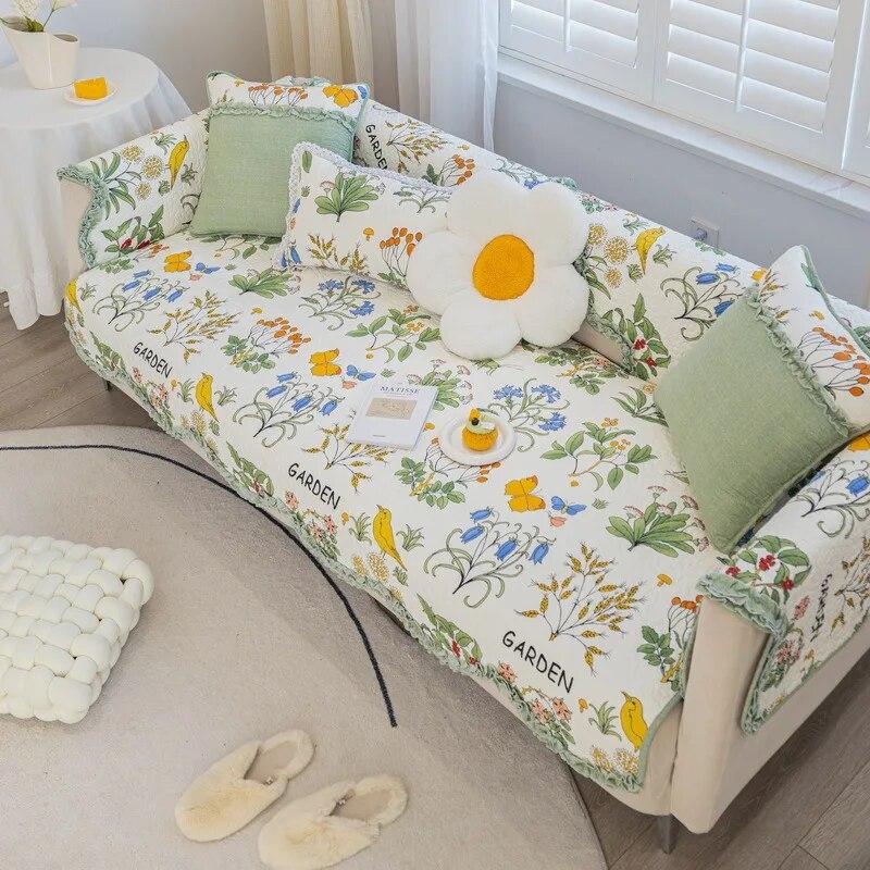Cotton Printed L-shaped Sofa Cushion Wave Edge Anti Slip Settee Towel Universal All Year Round Lace Edge Sofa Cover  Pillowcase