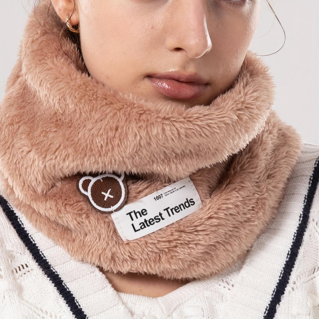 Cute Cartoon Bear Embroidery Thick Plush Scarf Cozy Warm Loop Infinity Scarf for Outdoors Elastic Windproof Fashion Accessory