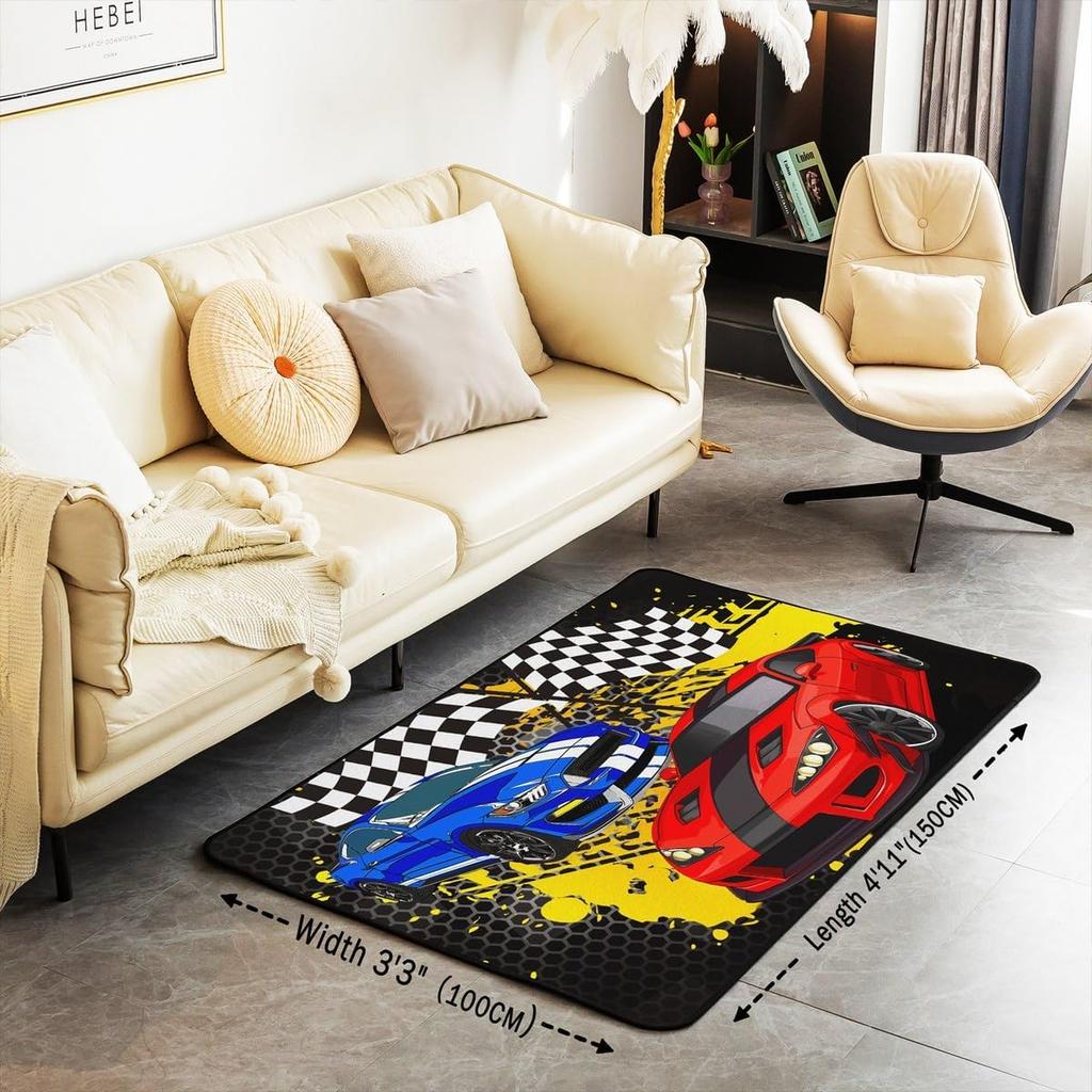 Racing Sports Car Rug, Checkered Flag Yellow Splash Print, Non-Slip Washable Soft Mat for Living Room Sofa Dining Room Indoor