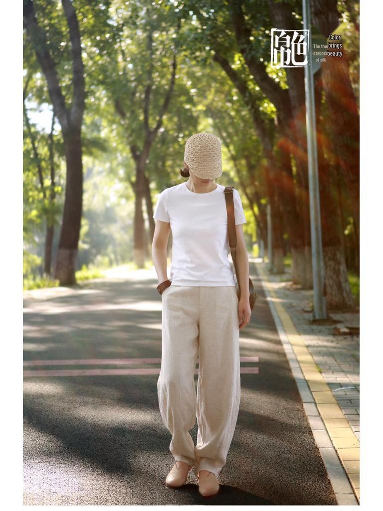 2026 Spring/Summer Women's Comfortable Ramie Wide-Leg Carrot Pants - Retro Lantern Style, Loose & Casual