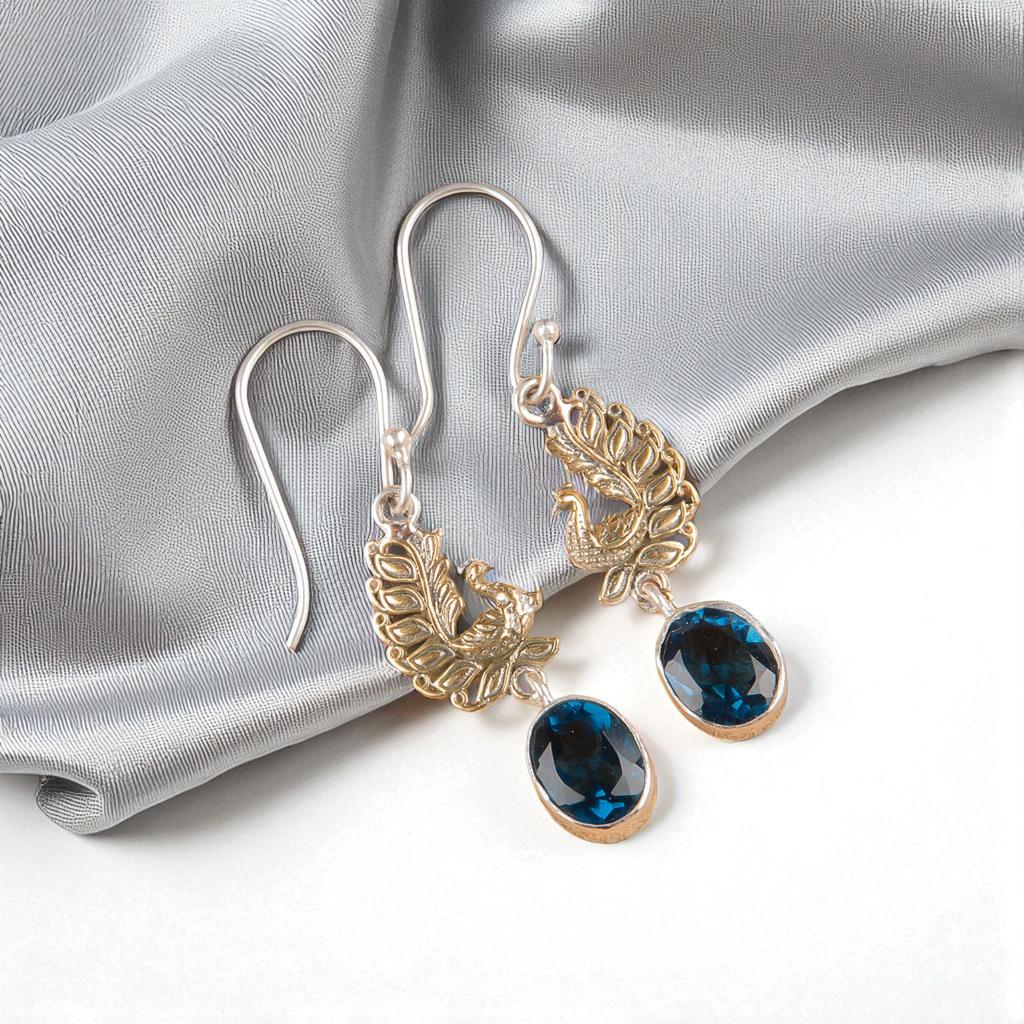 London Blue Topaz Gemstone 925 Sterling Silver Handcrafted Jewelry Earrings 1.8" EE-88-2