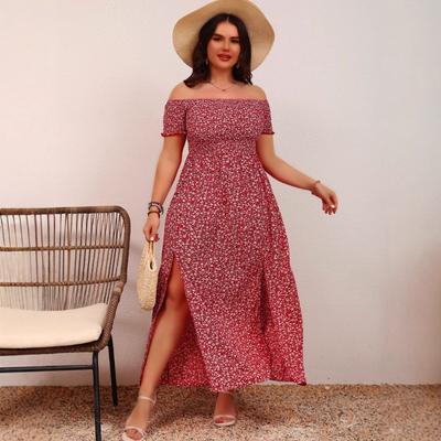 Women's Casual Bohemian Print Off-the-shoulder One-line Neck Split Dress Long Small Floral Dress