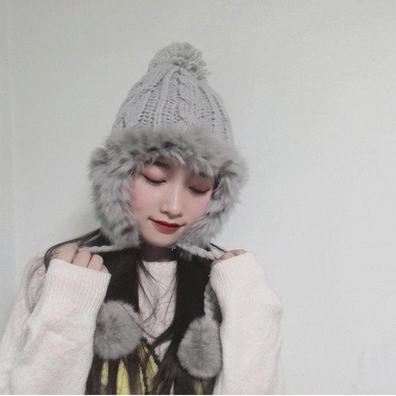 Women's Korean Style Cute Pom-Pom Earflap Hat - Autumn/Winter Warm Woolen Rabbit Fur Knit
