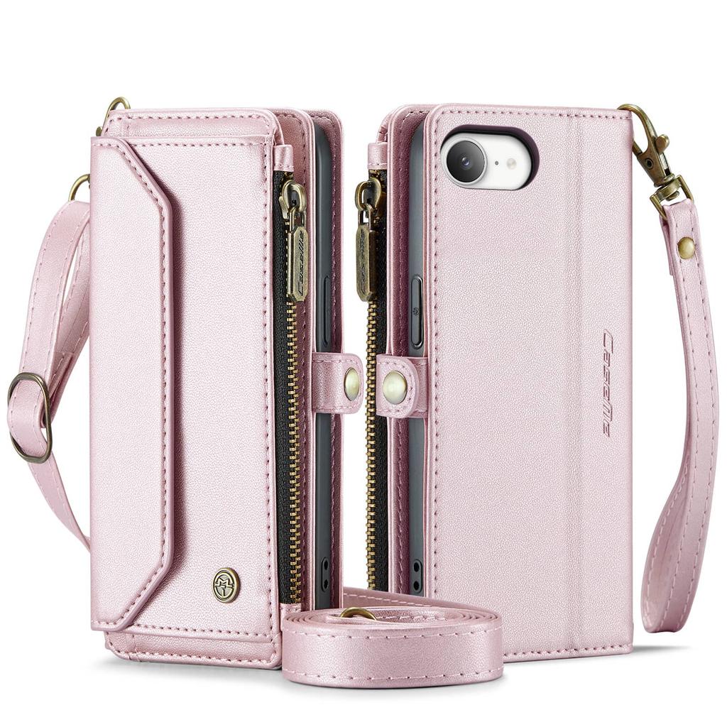 Per iPhone 17e 16e Custodia Portafoglio a Tracolla Blocco RFID Pelle PU Copertura Magnetica a Flip Porta 7 Carte Tasca con Zip Tracolla