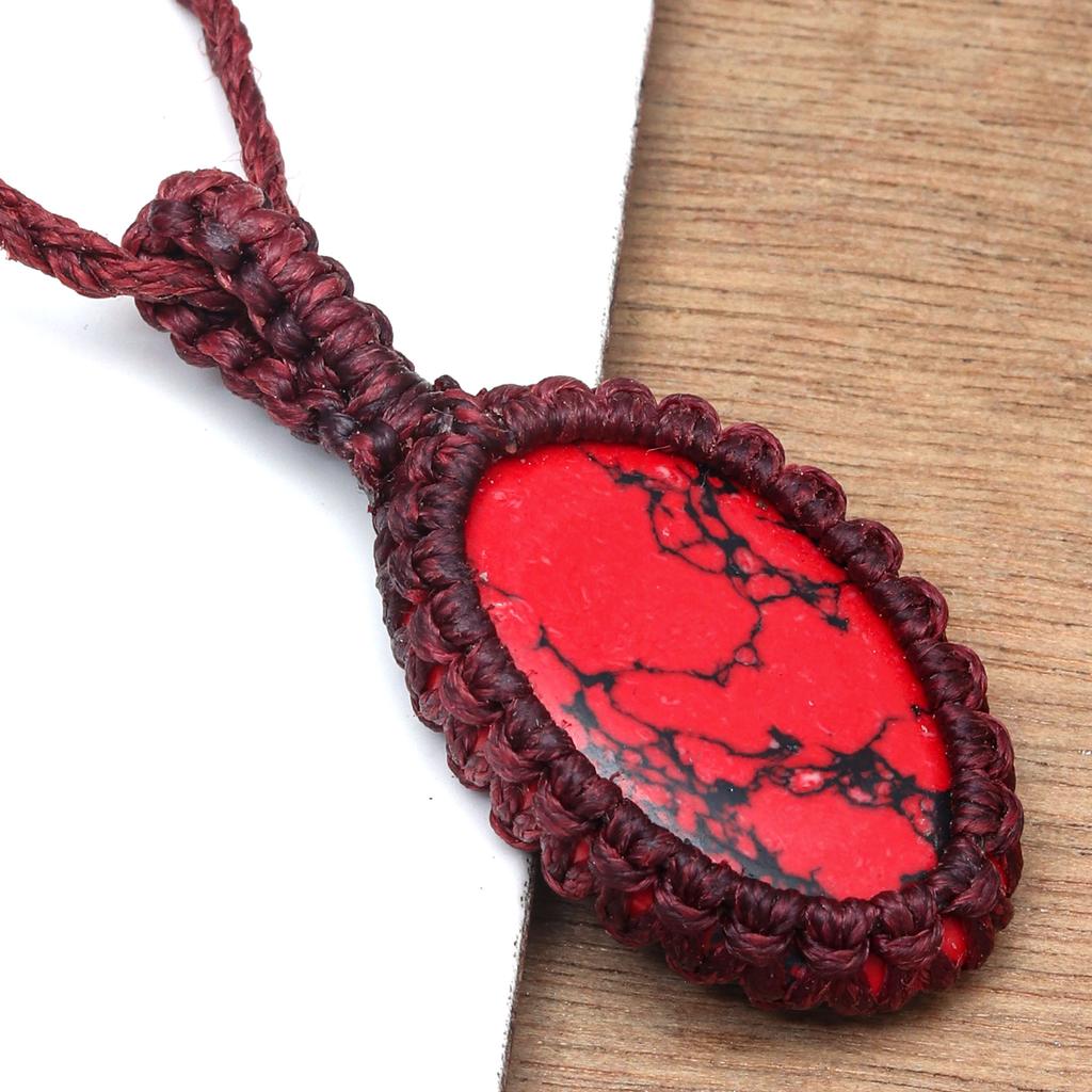 Macrame Red Handmade Necklace Copper Turquoise Thread Gemstone Jewelry