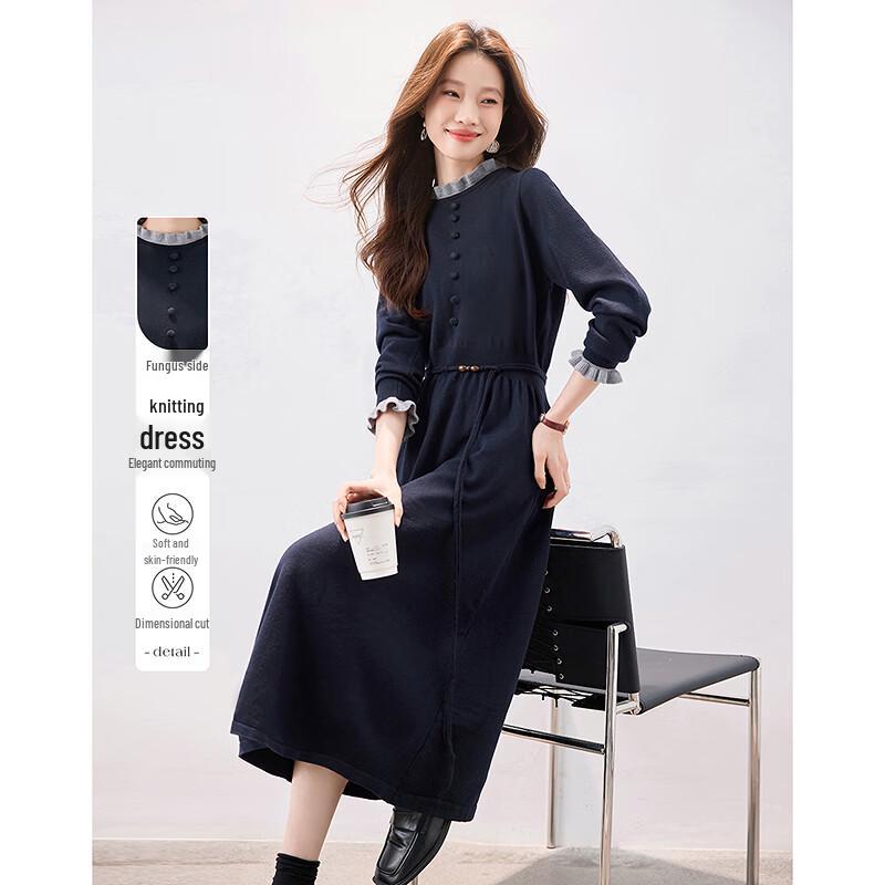 

Elegant Ruffled Collar Knit A-Line Dress One Size