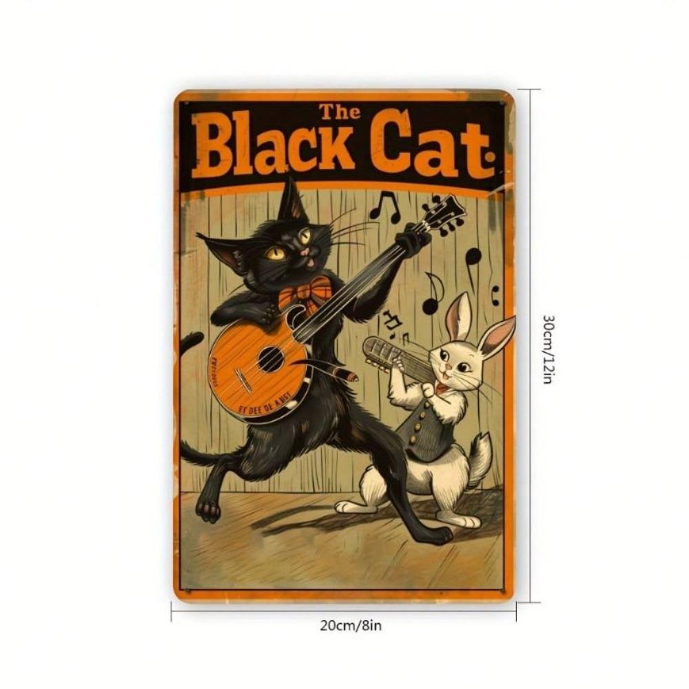 Vintage Zwarte Kat en Konijn Muzikant Metalen Poster Wanddecoratie