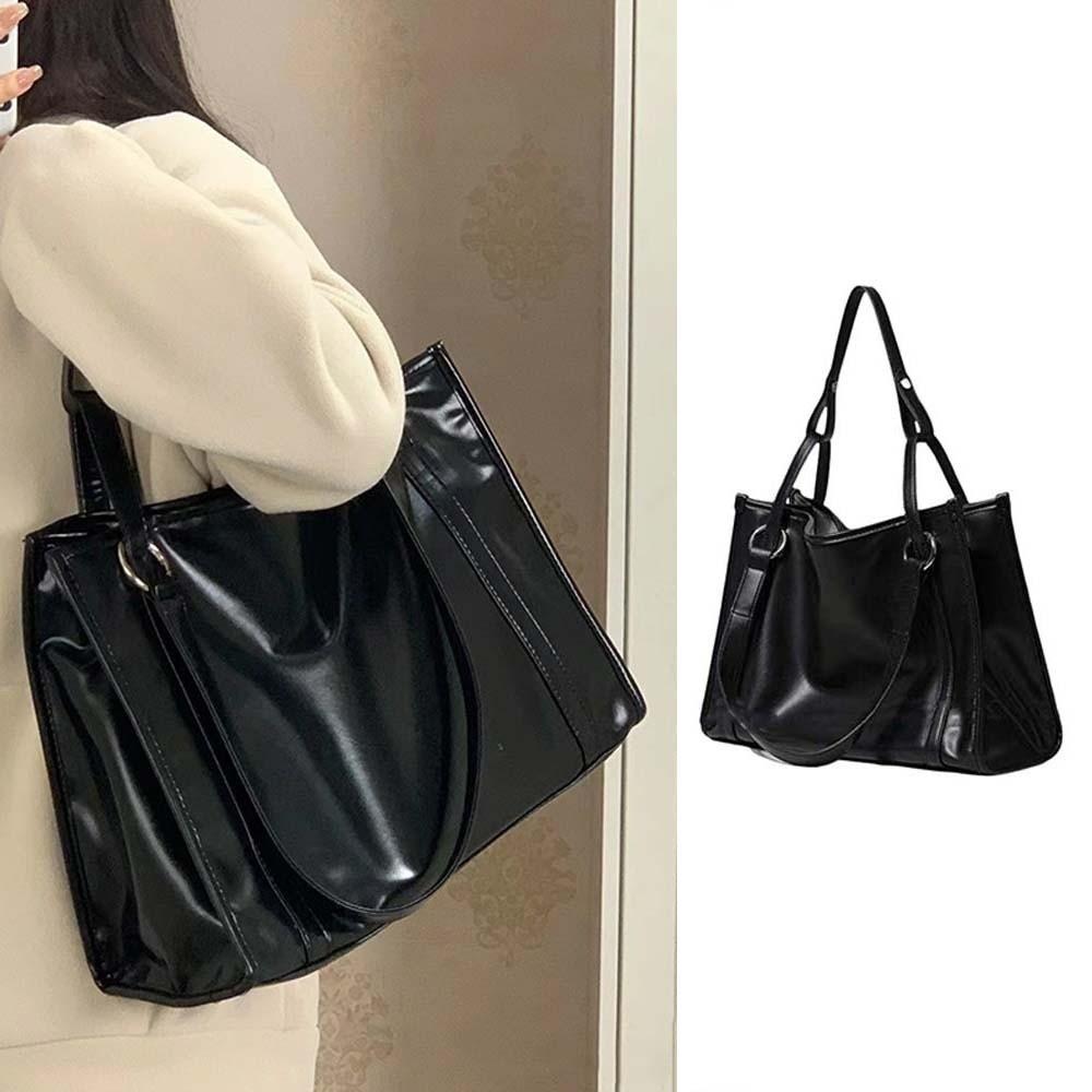 Large Capacity PU Leather Shoulder Bag College Student Large Handbag Black Tote Bag  Girls Gift