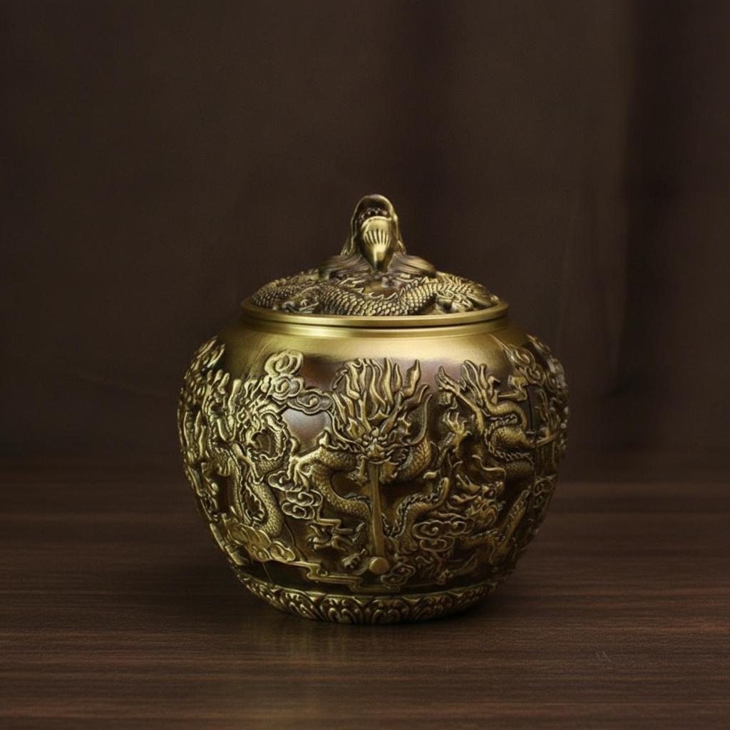 Brass Tea Canister with Dragon Motif Heavy-Duty Lid