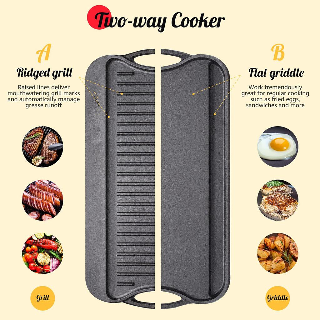 Pre-Seasoned Cast Iron Reversible Rectangular Grill Two-in-one Griddle 20 X10 Inch For Fried Steak and Fried Egg Frying Pan