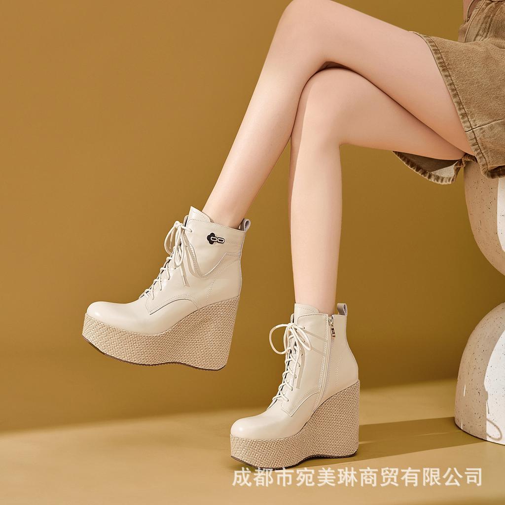 10Cm leather thick-soled wedge heel short boots women's head layer cowhide high heels autumn and winter new front lace-up heightening Martin boots