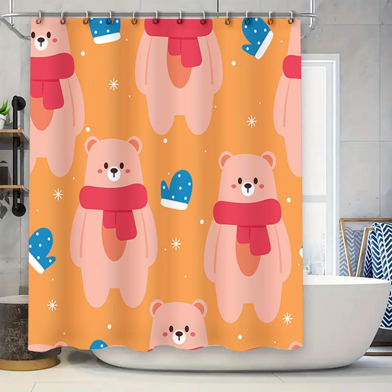

Winter Warmth: Pink Bears, Mittens Scarves Printed Shower Curtain Waterproof Fabric For Bathroom Decorations (Orange) W60H190(CM)-1 Pcs