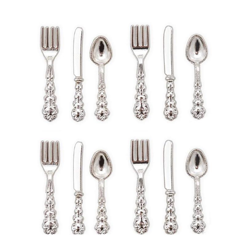 4Sets Miniature Kitchen Tableware Set Display Accessories for 1/12 Scale Dollhouses with Realistic Plates and Cutlery