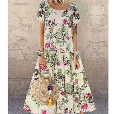 Summer Casual O-neck Ladies Dress For Holiday Vintage Floral Printed Short-sleeve Loose Long Dress Women Clothing 25437