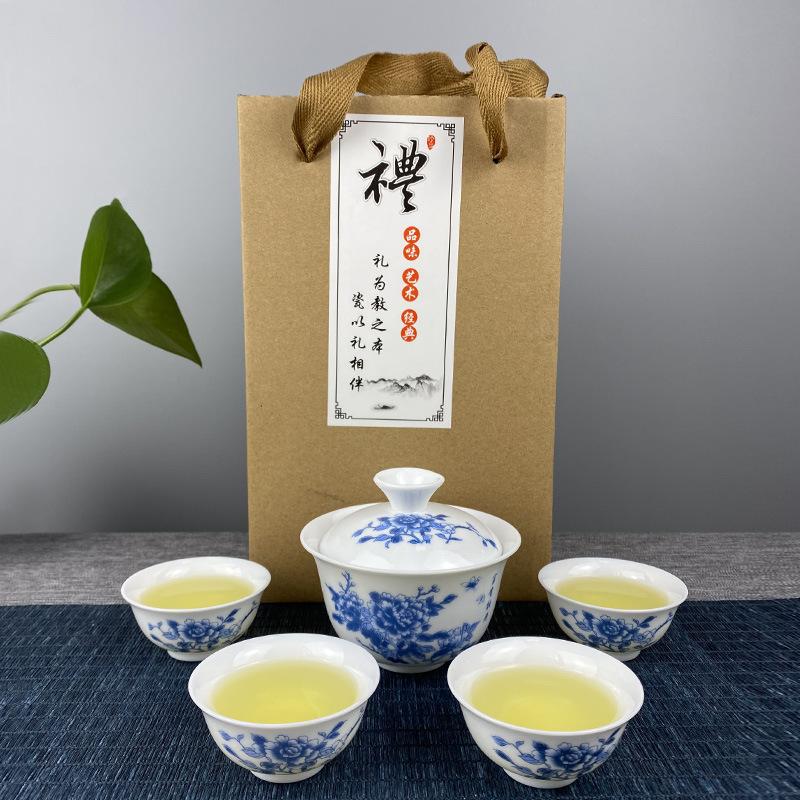 Kung Fu čajová souprava keramický čajový šálek bílý porcelán celá sada modrobílý čajový šálek víčko miska čajová souprava
