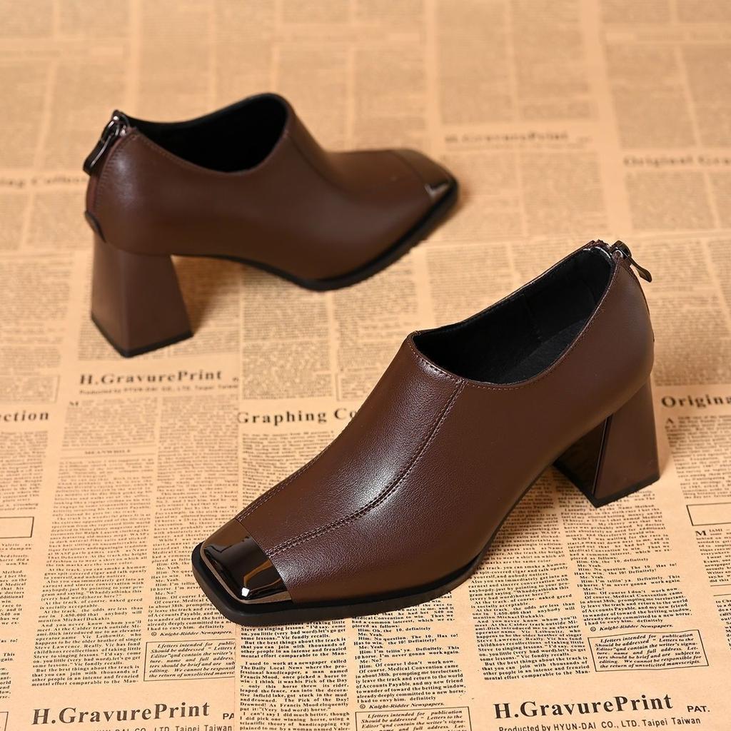 Spring 2025 new French retro square head deep mouth single shoes women's thick heel soft leather casual fashion high heels women's